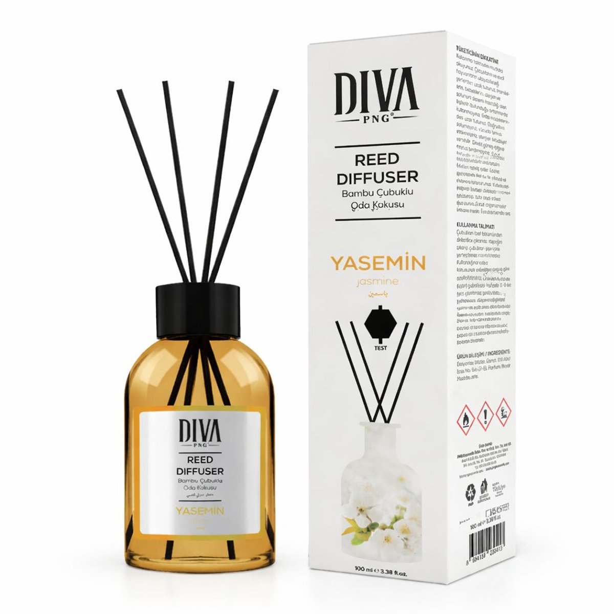 DIVA PNG Reed Diffuser Yasemin 100ml – Geurstokjes met Jasmineparfum – Luxe Huisparfum met Bamboestokjes – Langdurige Geurverspreiding