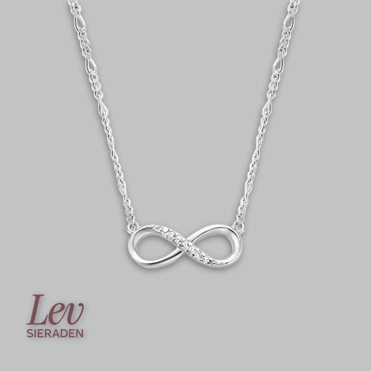 Lev Sieraden - Ketting - Figaro collier Infinity ∞ - Zirkonia - Zilver - 41 + 4 cm - 1.6mm - Gerhodineerd 925 zilver
