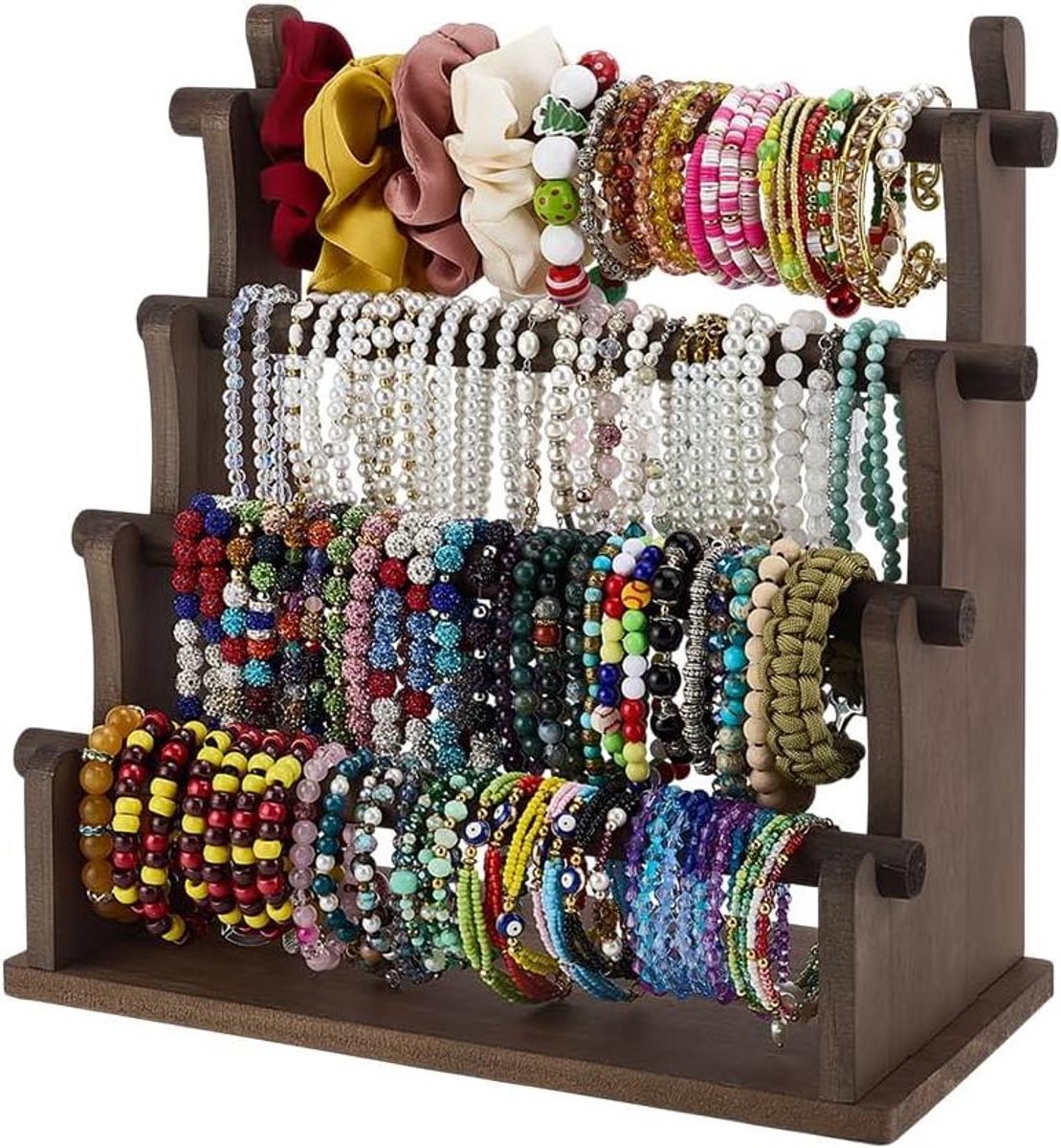 Allecto- Armband organizer - Houten armbandhouder - 4 niveaus - Multifunctioneel - Haarelastiek opslag - Horloge display - Sieradenstandaard - Geschikt voor winkeleigenaren - Natuurlijk hout.