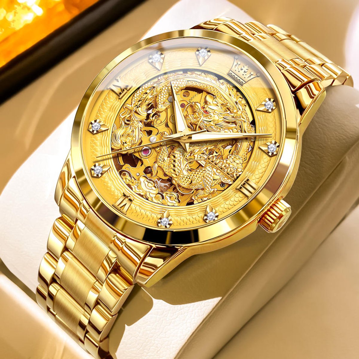 HO-7027.g : Olevs automatisch mechanisch edelstalen goudkl Tourbillon horloge, Red Dragon, Skeleton kast, goudkleurig binnenwerk, diamantzirkonia