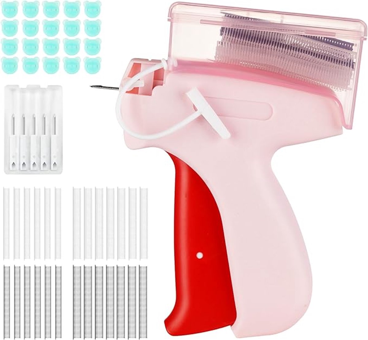 Naaipistool voor Kleding - Kleding Label Pistool - Aanschiettang - Bevat 5 Naaldjes, 500 Zwarte en 500 Witte Miniatuursluitingen en 100 Siliconen Stickers - Speedy Clothing Fixer - Roze