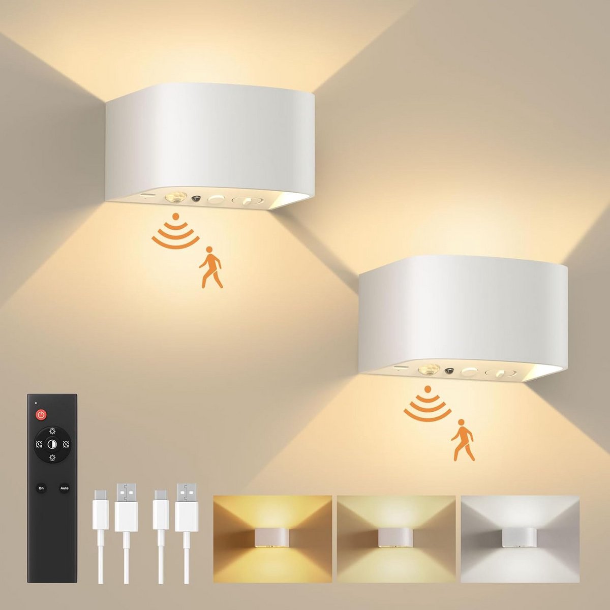 Oplaadbare LED Wandlamp met Bewegingssensor en Afstandsbediening - 3 Kleuren & Dimbaar