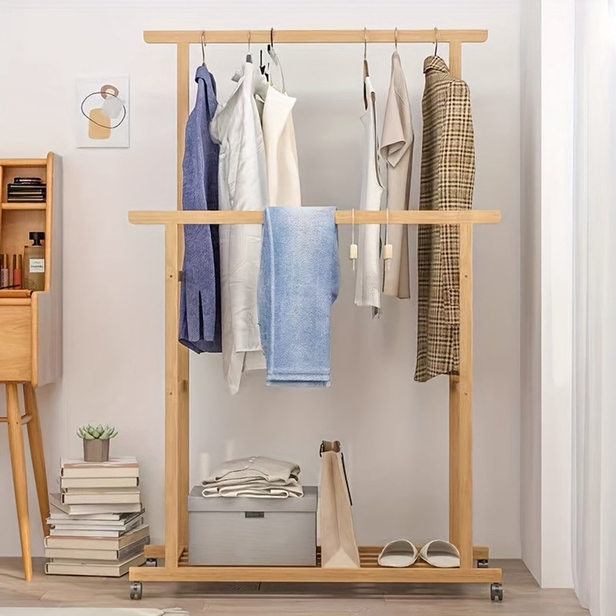 Freestanding Bamboo Clothes Rack with Wheels