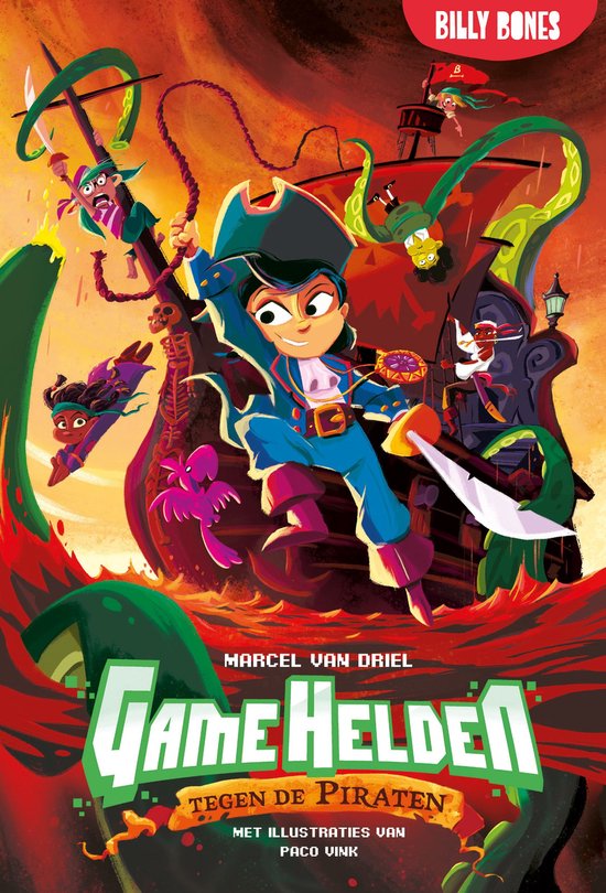 Boekomslag van 'Game Helden Tegen de Piraten' met een groep kleurrijke piraten en zeemonsters in cartoonstijl.