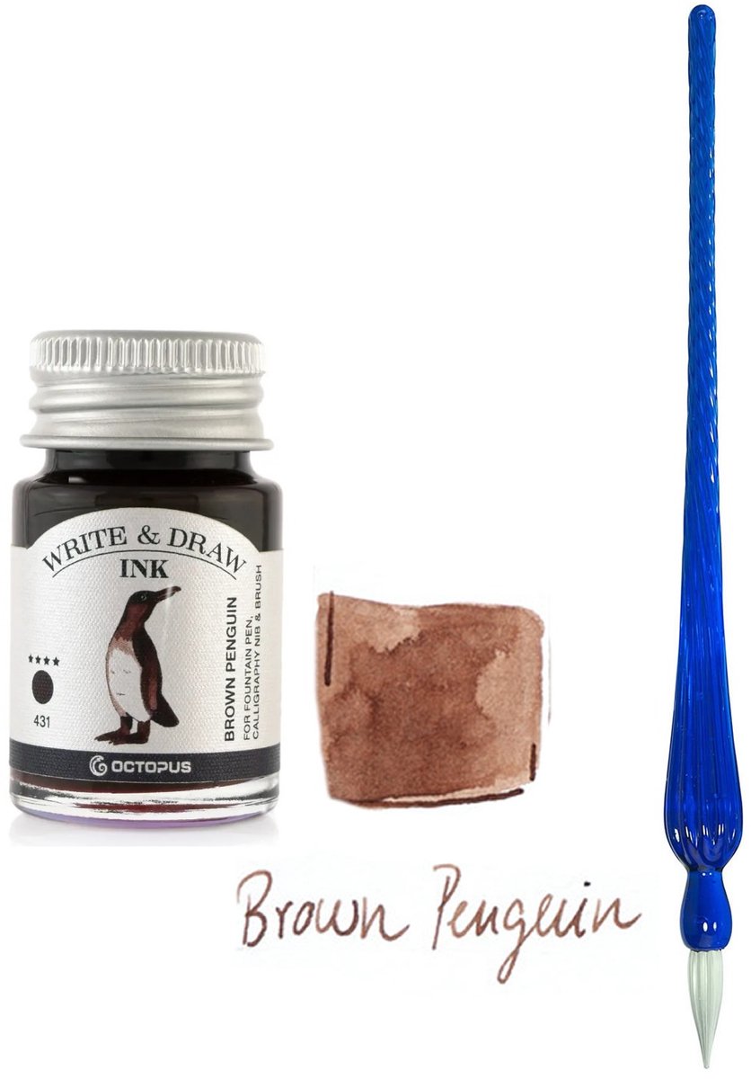 Glaspen - Glazen Dip Pen set in doosje - Blauw - Potje - Octopus - Vulpen inkt - brown penquin