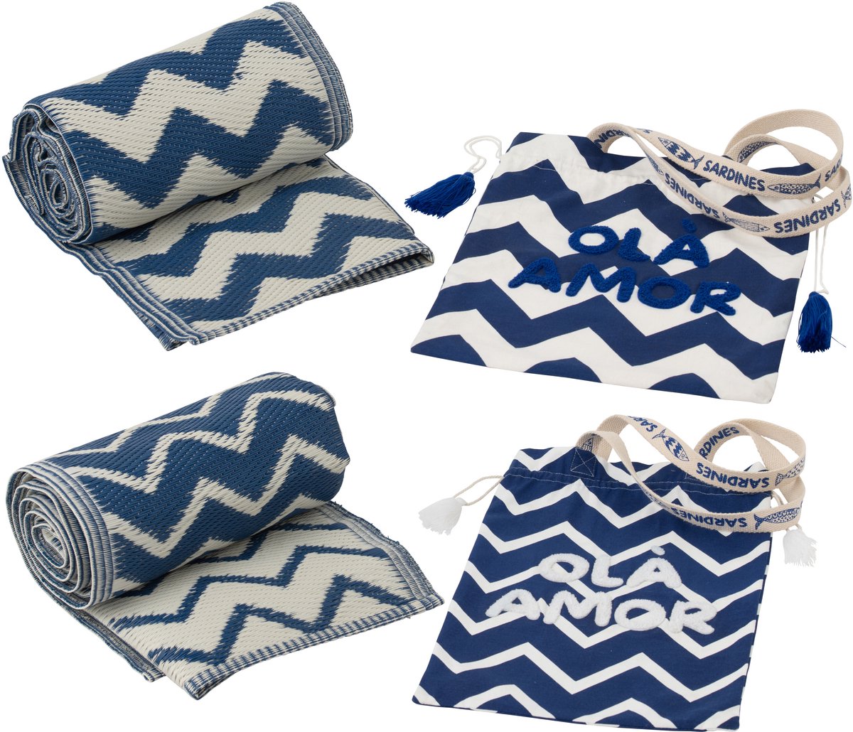 J-Line strandlaken Ola Amor - katoen - wit/donkerblauw - set van 2