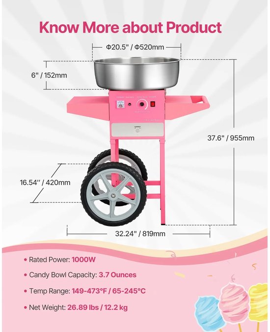 DIMICO - Suikerspinmachines - Elektrische Suikerspinmachine - 1000W - Suikerspin machine - Suikerspinmaker - Roze - Grote kom van Merkloos — afbeelding 5