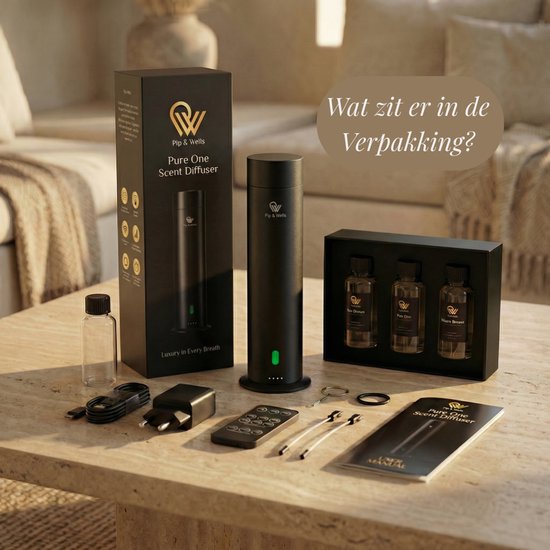 Pip & Wells® Pure One Aroma Diffuser - Waterloze Geurverspreider met 3 Hotelgeuren - Tot 100 m2 - Etherische Olie 360ml - Mat Zwart - Incl. Afstandsbediening & Oplader