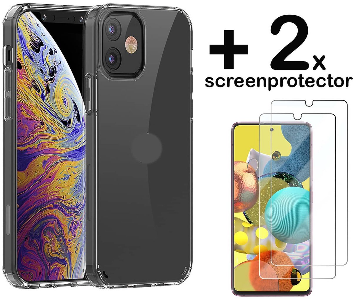 Hoes Geschikt voor iPhone 12 Hoesje Backcover Hybride Transparant Siliconen Case TPU Hoesje + 2 x Screenprotector - Luxe Telefoonhoesje Wallet Case Pasjeshouder PU Leder