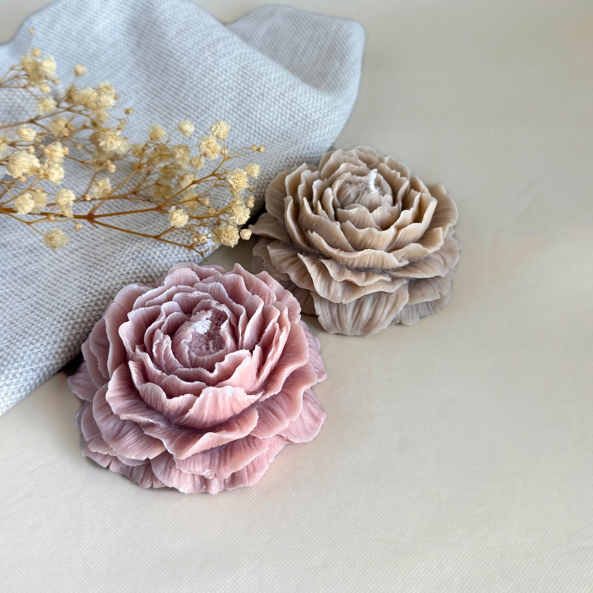 Kaarsen set - Pioenroos kaarsen- Bloemen Figuurkaarsen- Kaars Decoratie- Beige & Roze kaars