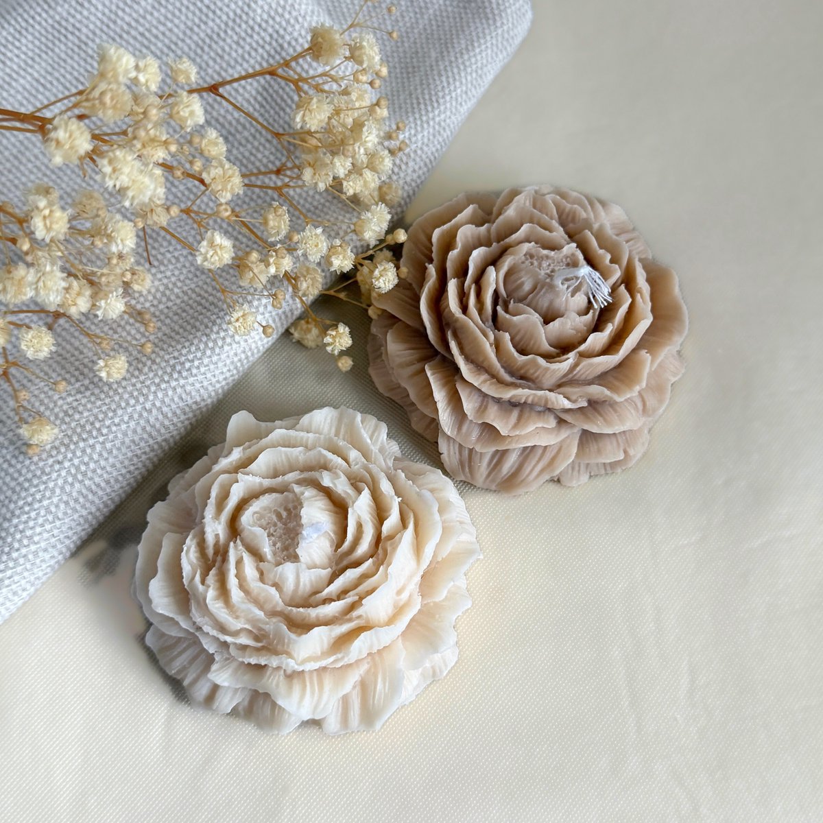 Pioenroos kaars set - Bloemkaars- Decoratieve figuurkaarsen - Romaantische Bloemkaarsen- Savannah beige& Beige