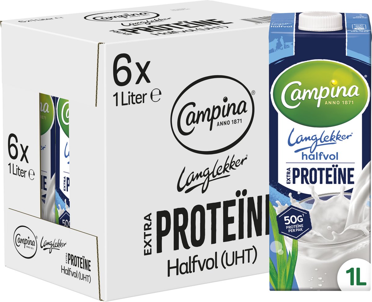 Campina Langlekker – Halfvolle Melk – Extra Proteïne – 6 x 1 L – Voordeelverpakking