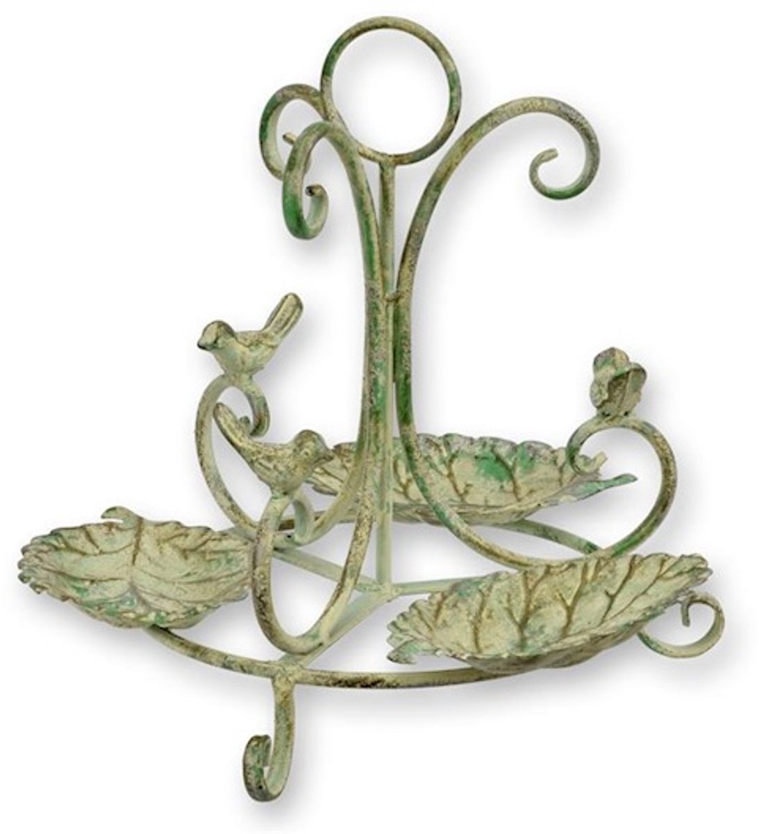 Boutique Trukado - Vogelvoeder Schaal 3 Bladeren met Vogeltjes Antieklook - (hxbxd) ca. 28,8cm x 29,5cm x 29,5cm- Vogelvoeder voor tuin, terras of balkon – metalen vogelbadje voor buiten