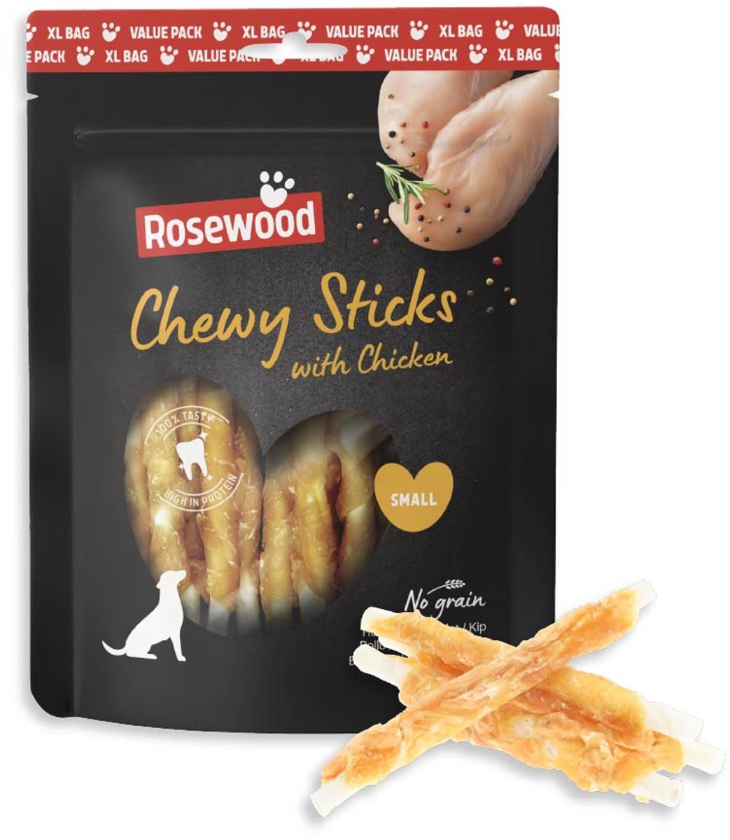Rosewood Chewy Sticks Hondensnack Kip Small – Kauwsticks van Runderhuid – Voordeelverpakking 500 g – Graanvrij – Zonder Kunstmatige Toevoegingen