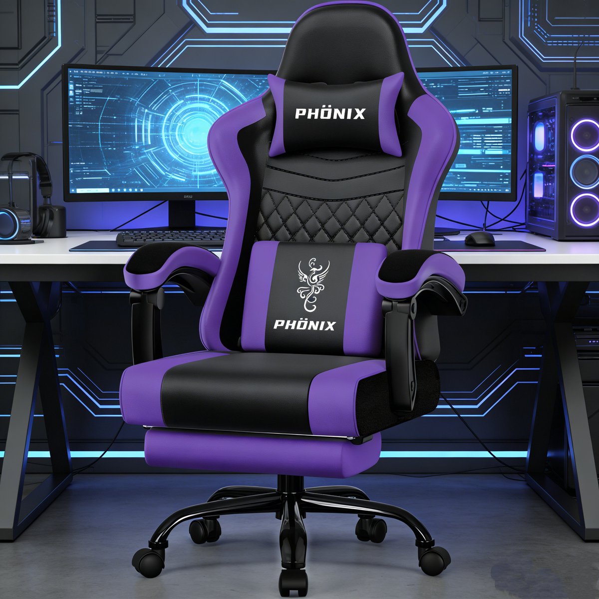 Fukstern Gaming Stoel-Ergonomische gamestoel-155°Verstelbare Rugleunin gaming chair-Inklapbare voetsteun-Geïntegreerde armleuningen-Max. Draagvermogen 150 kg – Paars