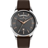 Jacques Lemans horloge met donkergrijze wijzerplaat met textuur, gouden indexen, datum- en dagvenster. Bruine lederen band.