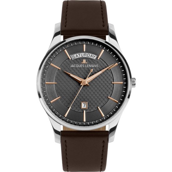 Jacques Lemans horloge met donkergrijze wijzerplaat met textuur, gouden indexen, datum- en dagvenster. Bruine lederen band.