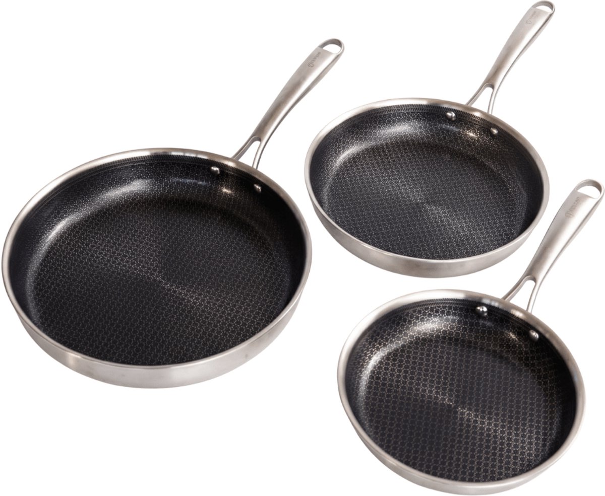 Safecourt Kitchen 3-delige Hybride koekenpan Pannenset - Ø 20, 24, 28 cm Pannen - Inductie, Elektrisch, Keramisch & Gas - PFAS & PTFE vrij - Honingraat