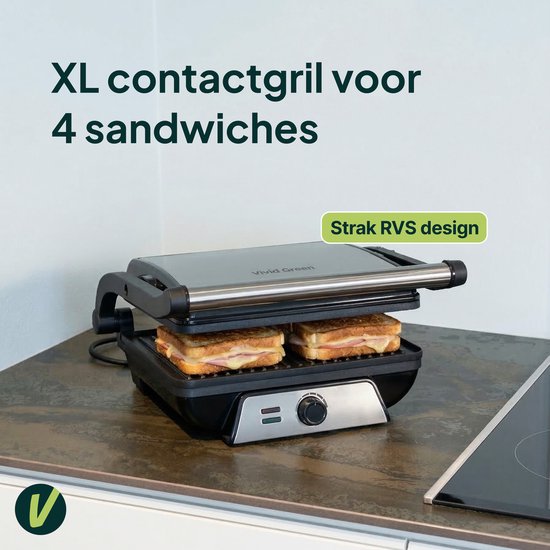 XL contactgrill met twee tosti's, "XL contactgrill voor 4 sandwiches", "Strak RVS design".