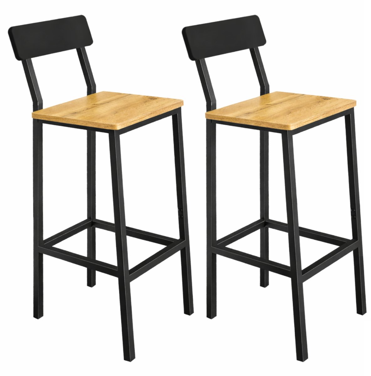 BEGRYF Barkrukken - Set van 2 - met Rugleuning – Eiken Look - Zwart Metaal - 30x40x90 cm