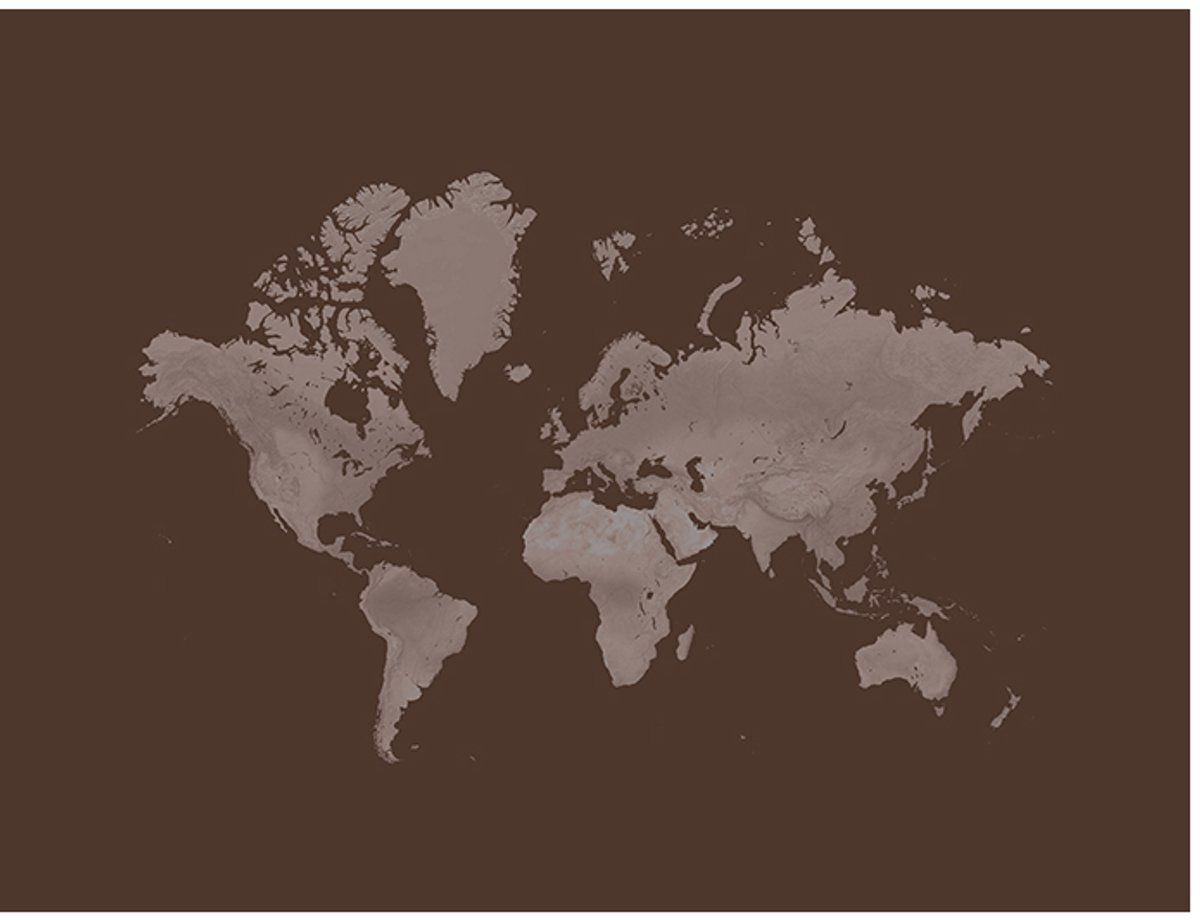 Wereldkaart 40x30 cm - Aluminium - Voelbaar 3D Reliëf - World map - Bruin - Vintage - Retro - Muurdecoratie - Wanddecoratie
