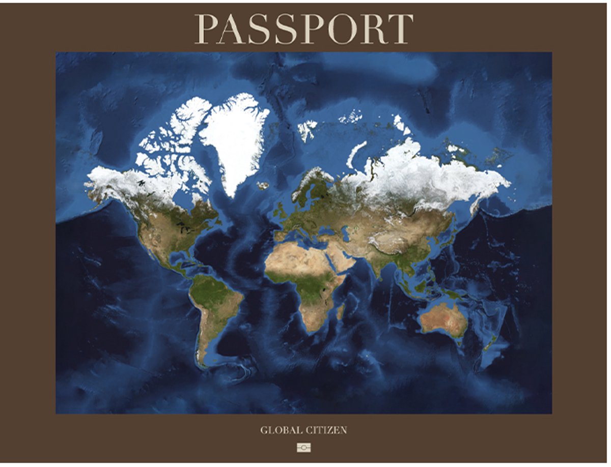 Wereldkaart 40x30 cm - Aluminium - Voelbaar 3D Reliëf - Donkerbruin - World map - Passport - Vintage - Retro - Muurdecoratie - Wanddecoratie