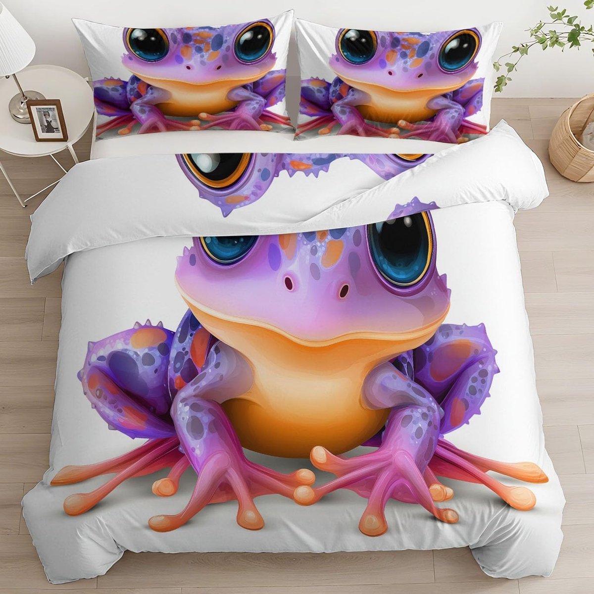 Kinderdekbedovertrek Kikker - Zachte beddengoedset - Slaapkamer Decoratie - Ritssluiting en hoekbanden - 180 x 200 cm - Wit