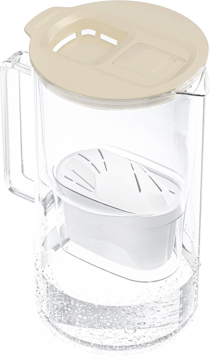Wessper 2L glazen waterfilterkan filterslijtage-indicator, compatibel met Brita Maxtra, Maxtra+ en + filters. - Beige