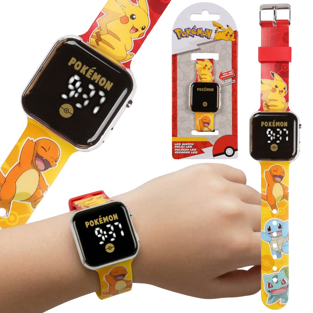 Pokemon Geel digitaal horloge, LED-polshorloge voor jongens, met datum en tijd