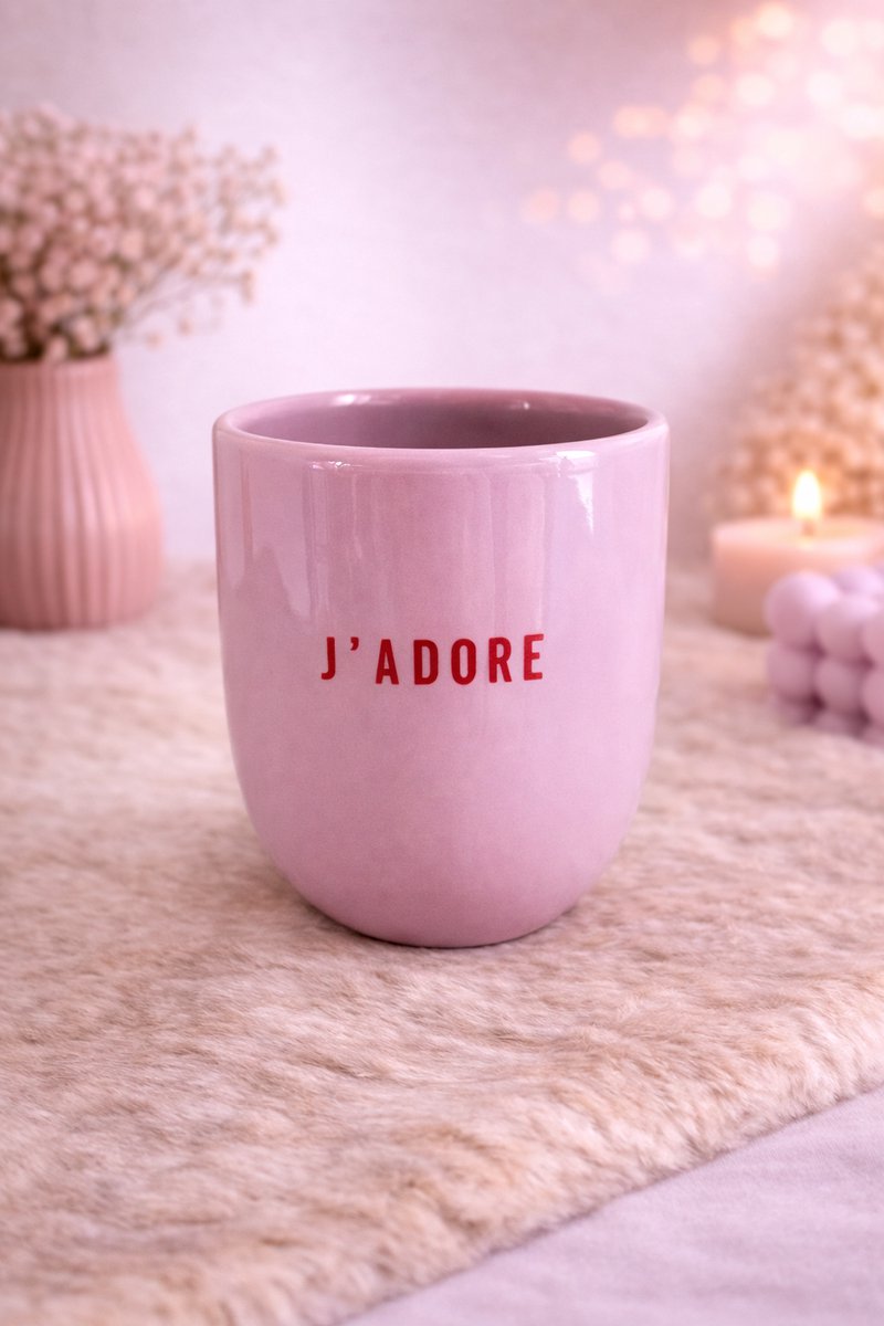 Mok ‘J’ADORE’ – Voor jouw dagelijkse dosis liefde (en koffie) | Viva Femme | Koffiemok | Theemok | Mok met tekst | Keramiek | 300 ml | Cadeau | Roze