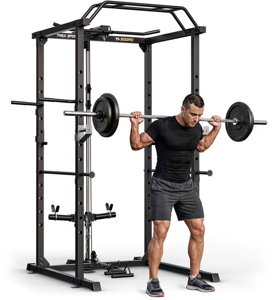 Trex Sport TX-500PC – Power Cage – Home Gym Kooi – Fitness Power Rack – Safety Spotters – Multi-Grip Pull-up – Inclusief Optrekstang – Verstelbaar – Belastbaar tot 300 kg