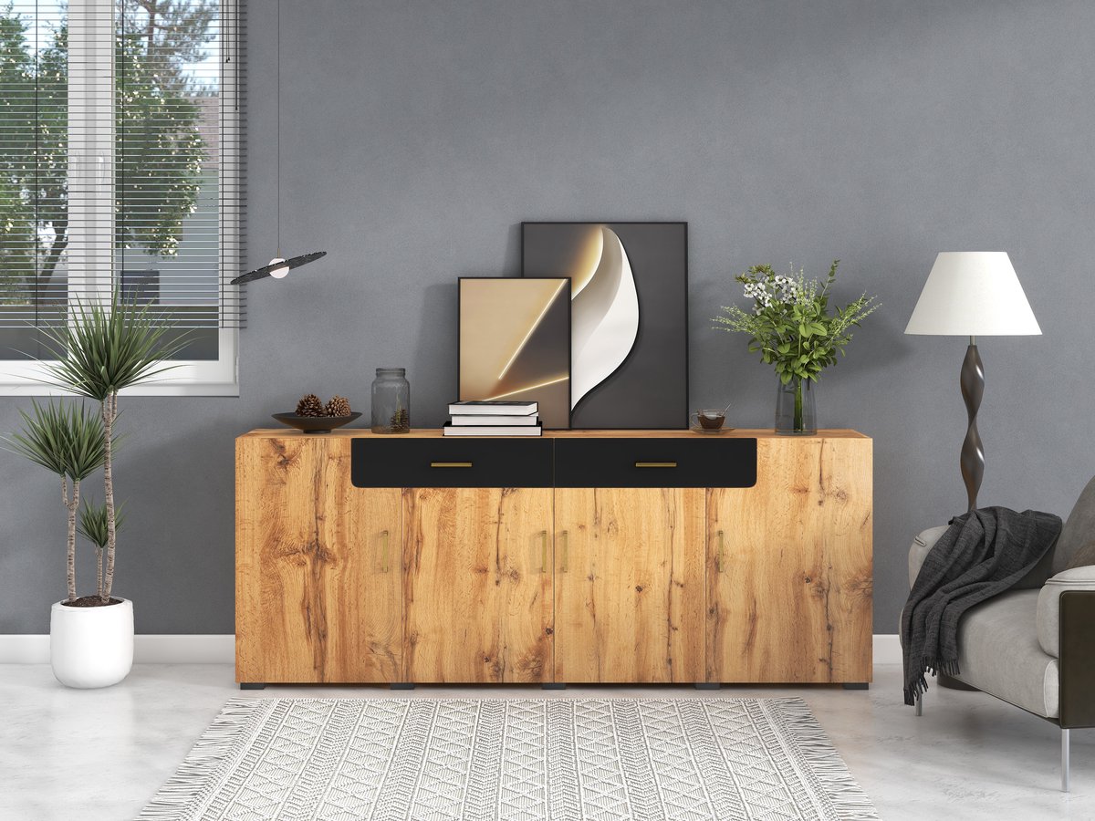 Wishdor - Dressoir - 4 Deuren En 2 Lades - Landelijke Stijl - Spaanplaat - Bruin - 208 X 39,5 X 80 Cm