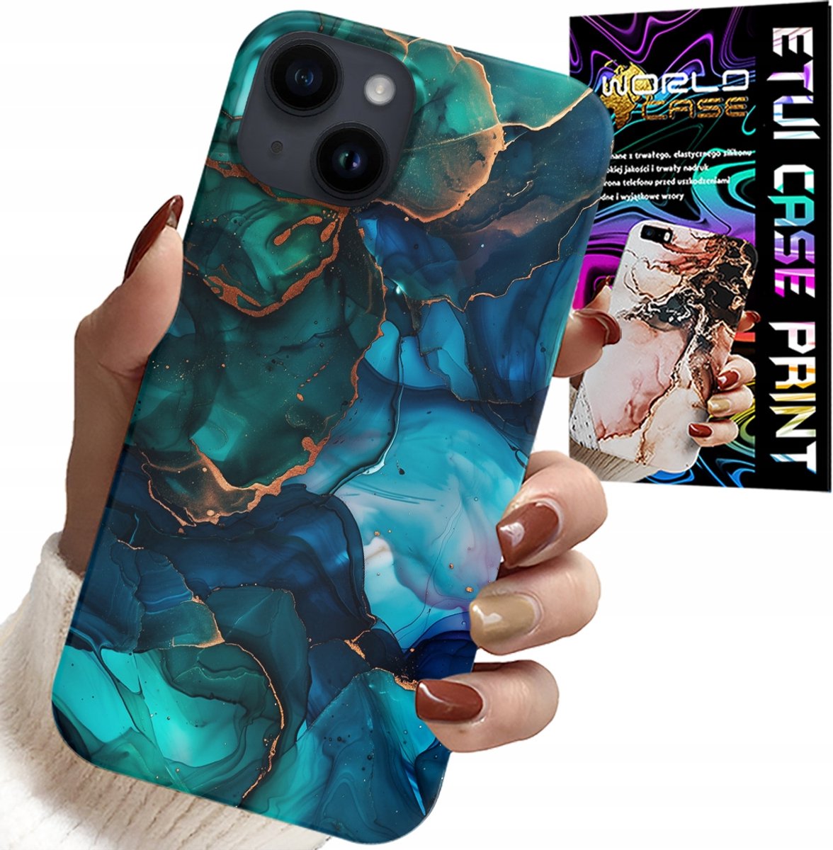 iPhone 14 Plus hoesje - Blauwgroen marmerpatroon op de achterkant