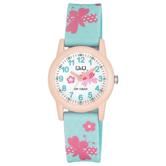 Lichtroze kinderhorloge met turquoise bandjes met stippen en vlinderprint. Witte wijzerplaat met roze vlinder en bloemen.