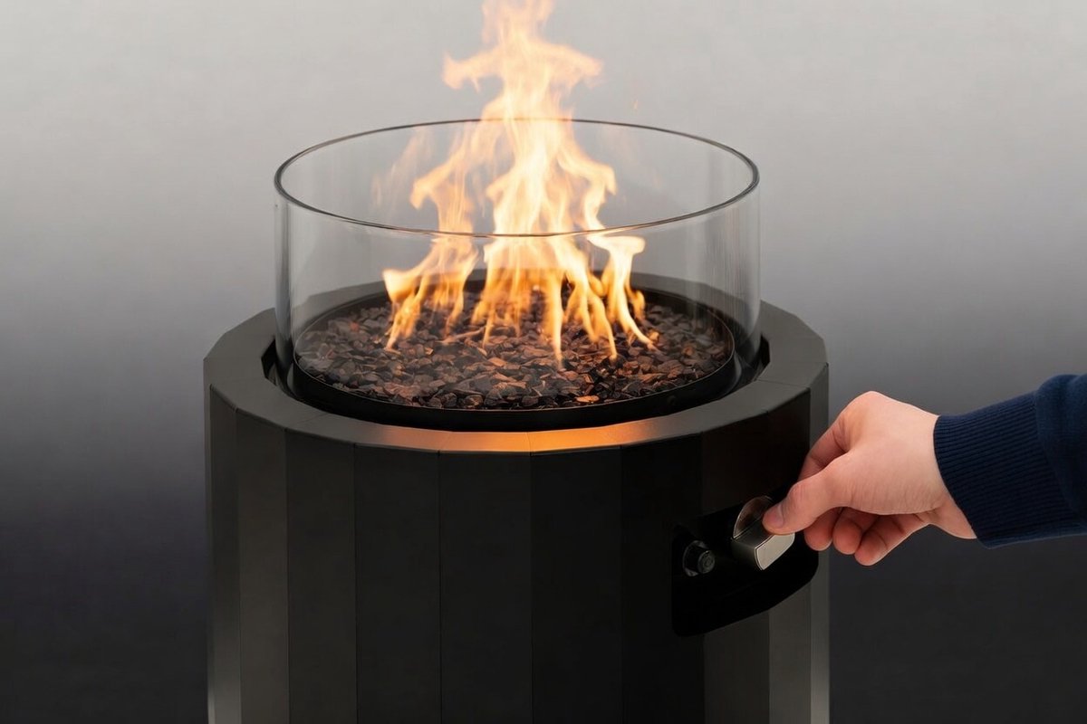 Gas Terrasverwarmer Vrijstaand 103 x 40 x 40 cm – Draagbare Buitenhaard op Propaan met Regelbare Vlam, 8 kW Vermogen, Inclusief Beschermhoes & Verborgen Gasflesopslag – NovaFlame BINO – NoviHome