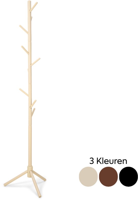Lichtbruine, houten staande kapstok met 9 takken. Drievoudige poot voor stabiliteit. Verkrijgbaar in 3 kleuren: beige, bruin, zwart.