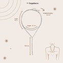 Diagram met afmetingen van een gelaagde zilverkleurige ketting met fijne schakels en een Y-vormige drop.