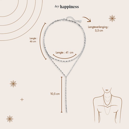 Diagram met afmetingen van een gelaagde zilverkleurige ketting met fijne schakels en een Y-vormige drop.