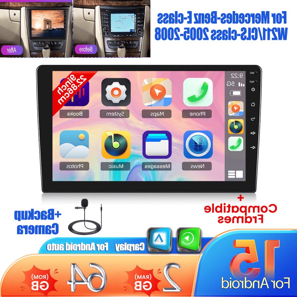 9-inch Android Autoradio – Car Radio – Multimedia Systeem – Touchscreen Radio – Double Din Stereo – Met Camera & Microfoon – Draadloos CarPlay & Android Auto – 2GB RAM / 64GB Opslag