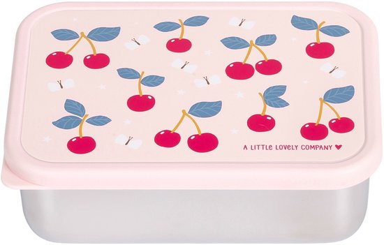 Boîte à lunch rose avec un motif de cerises rouges et de feuilles bleues. 'A Little Lovely Company' est inscrit en bas.