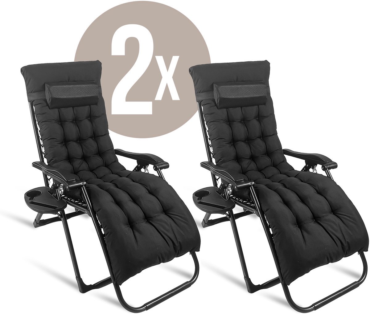 Lugia Opvouwbare Ligstoel 2-Pack – Verstelbare Tuinstoelen met Kussen & Bekerhouder – Luxe Campingstoelen Set van 2 – Inklapbaar – Zwart