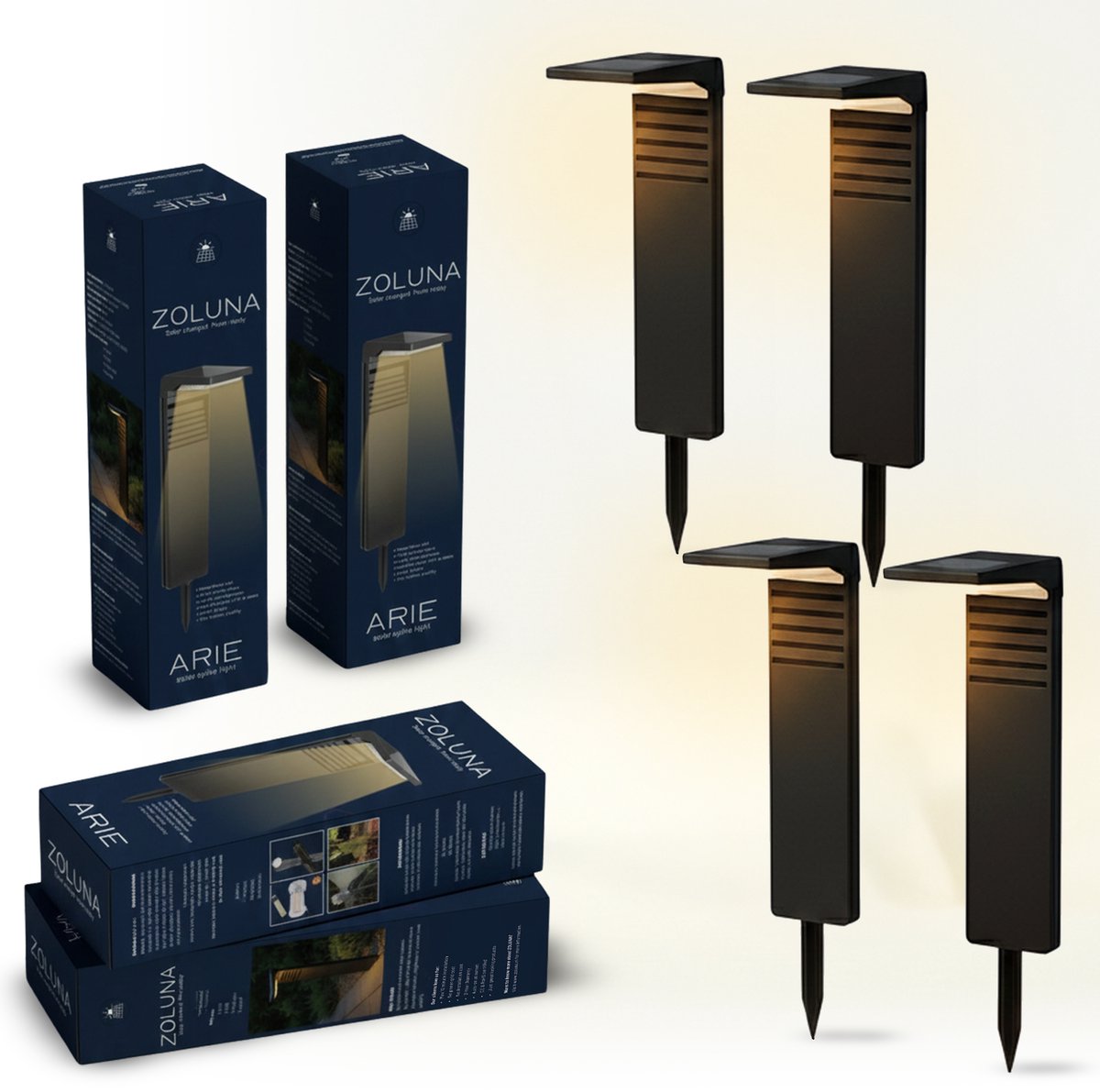 ZOLUNA ARIE Solar Set van 4 Tuinlampen – Grondspies op Zonne-energie – Warm Wit Licht – 12 Uur Brandtijd – IP44 – 100 Lumen – 42 cm – Tuinverlichting op Zonneenergie