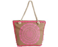 strandtas ibiza roze - grote strandtas met tassels - boho strandtas dames - shopper zomer vakantie strand - 59x40x20 cm