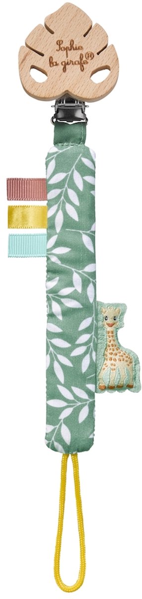 Sophie de giraf fopspeenhouder Jungle – zachte stof fopspeenhouder met clip – lintjes en label in Sophie de Giraf vorm – stimuleert tastgevoel – geschikt vanaf 0 maanden