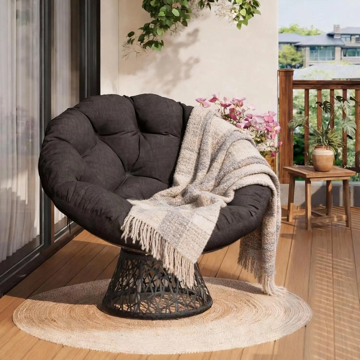 Tuinstoel Rotan Met Dikke Kussen - Stalen Frame - Ergonomisch en 360° Draaibaar - Comfortabel Voor Woonkamer, Slaapkamer, Leeshoek, Lounge - Grijs