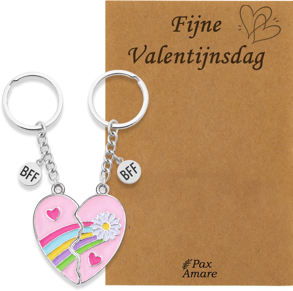 Koppel Sleutelhanger voor 2 'Fijne Valentijnsdag' - Roze Hartje met Bloem - Sleutelhanger set op Cadeau Kaartje - Zilverkleurig - Vriendschap of Relatie Symbool - Pax Amare