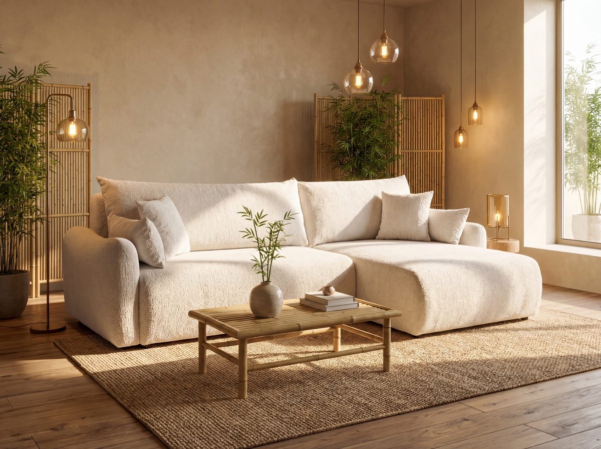 Meuba Home® - Hoekbank Lambi - L-Bank met bedfunctie en opbergruimte - Beige - Unieke stof - Zetel -Slaapbank