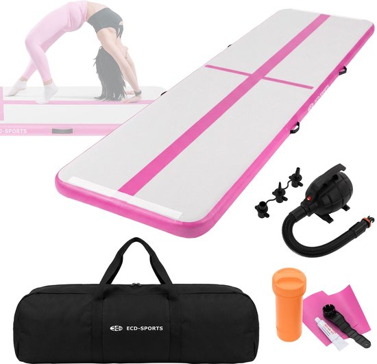 Opblaasbare turnmat 4m, roze, 10 cm dik, yogamat fitnessmat pilatesmat incl. draagtas & elektrische luchtpomp