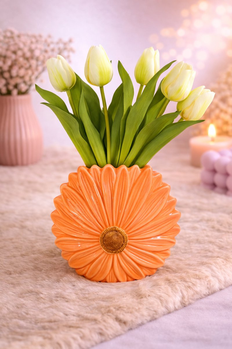 Bloemenvaas ‘Daisy’ – Een vrolijke eyecatcher in je interieur! | Viva Femme | Vaas | Decoratie | Cadeau | Wonen | Bloemen | Lente | Vrolijk Oranje