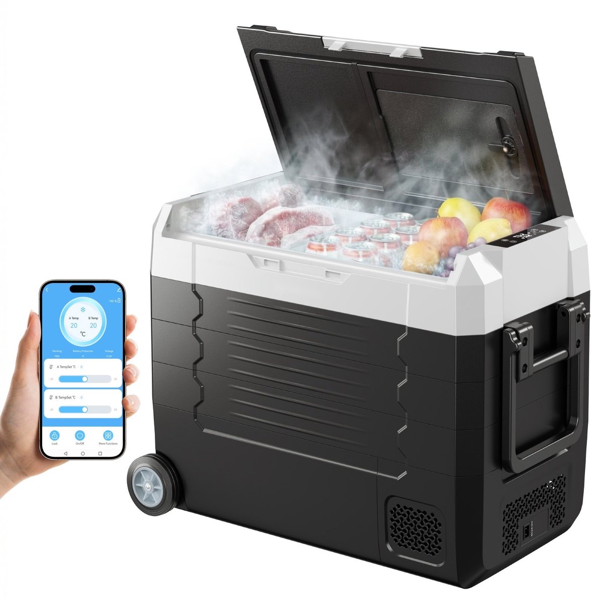 Compressor koelbox - Draagbare autokoelkast - Capaciteit 45 L - Dubbele temperatuurzone (-20°C tot 20°C) - Voeding 12/24 V DC & 100–240 V AC - App-bediening - Met wielen